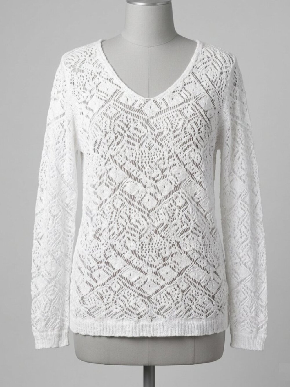 Coup de Coeur -  White Open-Work Crochet Knit V-Neck Sweater